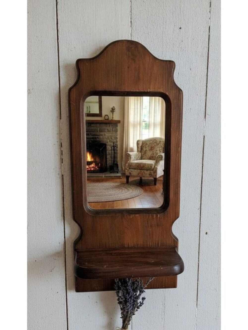 Vintage Country Rustic Wooden Wall Mirror and Display Shelf w Scalloped Edge